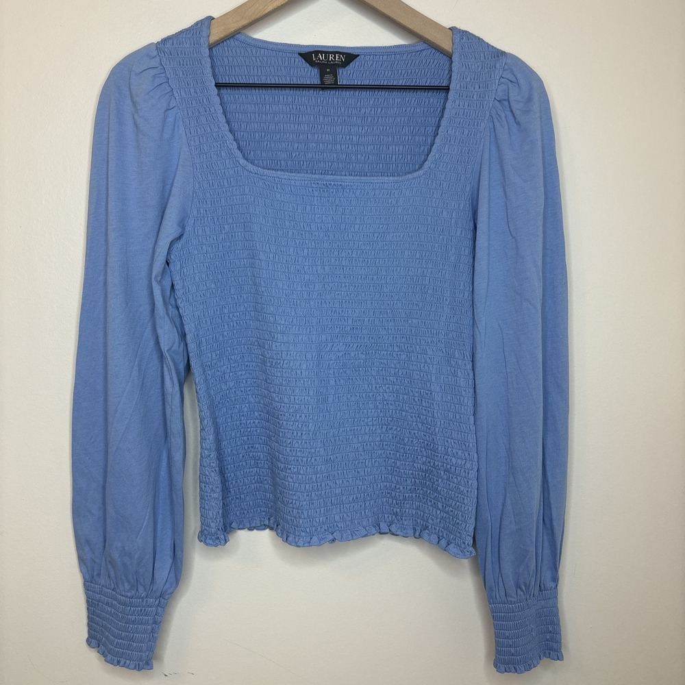 Lauren Ralph Lauren Medium Smocked Top‎ Blue Milkmaid Coquette Feminine Dainty